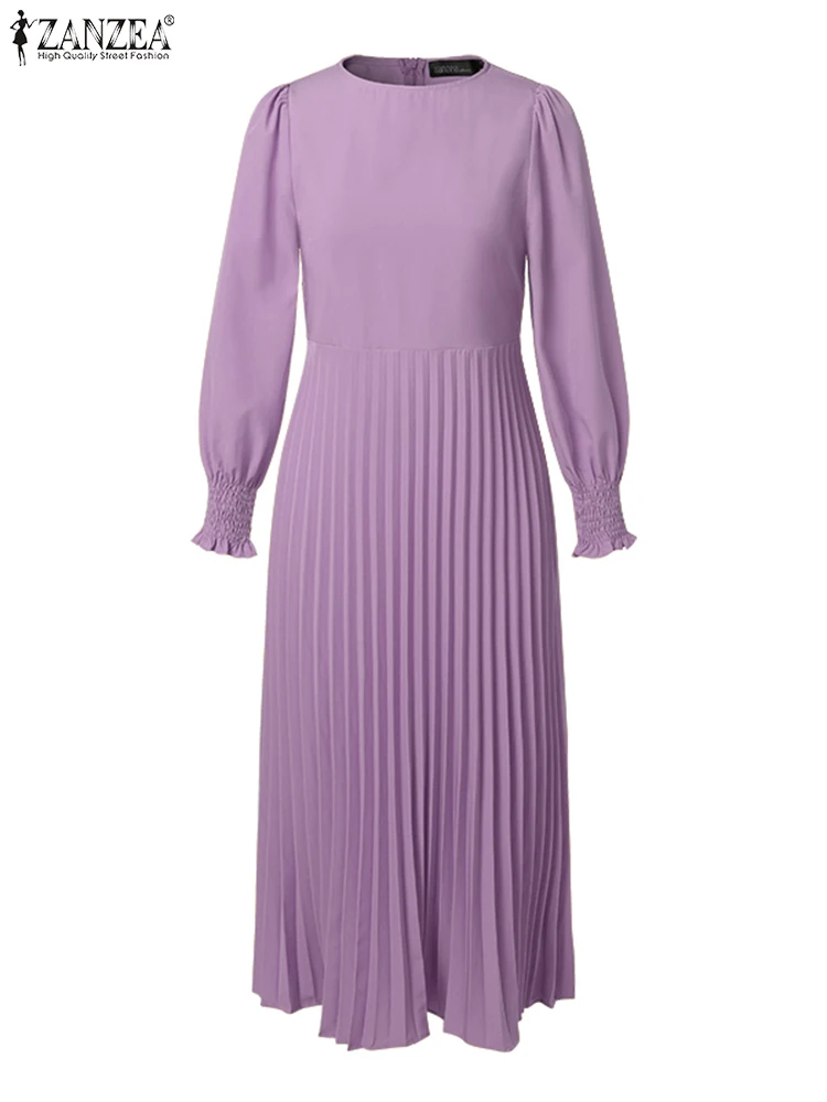 ZANZEA Smocked Cuffs O neck Party Robes Classy Long Sleeve Solid Fit and Flare Pleated Dress Commute Women Elegant Long Vestidos