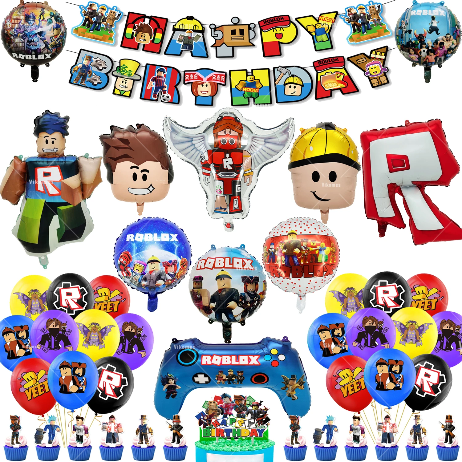 Набор для вечеринки Roblox: воздушные шары, баннер «С Днем Рождения», украшения для торта с роботом, одноразовая посуда, наклейки, фон для подарков