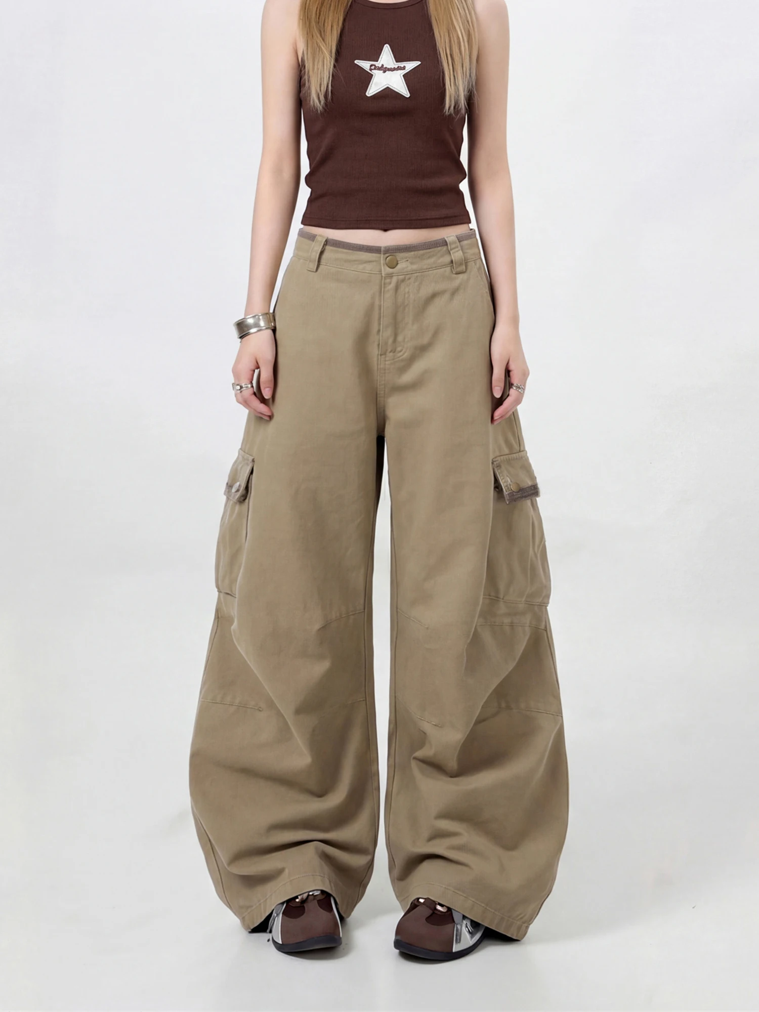 American Khaki Work Trousers Women Loose Straight Casual Long Pants Multi-Pocket Paratrooper Wide Leg Trousers Vintage Style ...