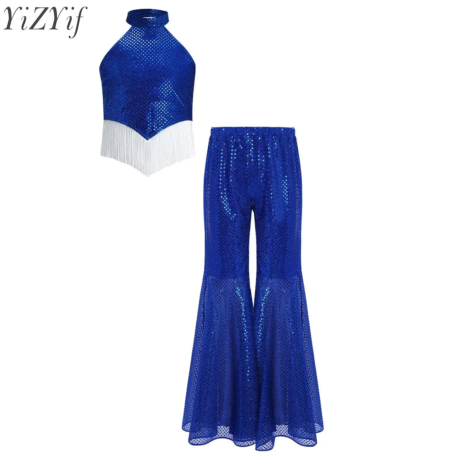 

Детский костюм для джазовых танцев для девочек, блестящий топ без рукавов с блестками и брюками-клеш, одежда для балета и танцев в стиле принцессы