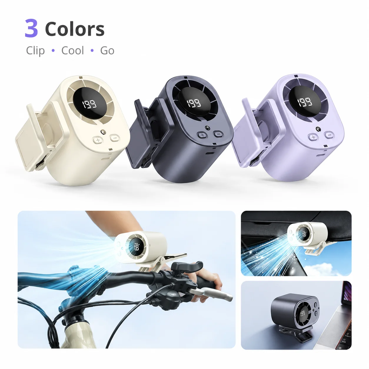 Mini Semiconductor Cooling Fan Clip on Rechargeable Portable 360 Rotation 3 Speed LED Battery Display Quiet Car Fan USB