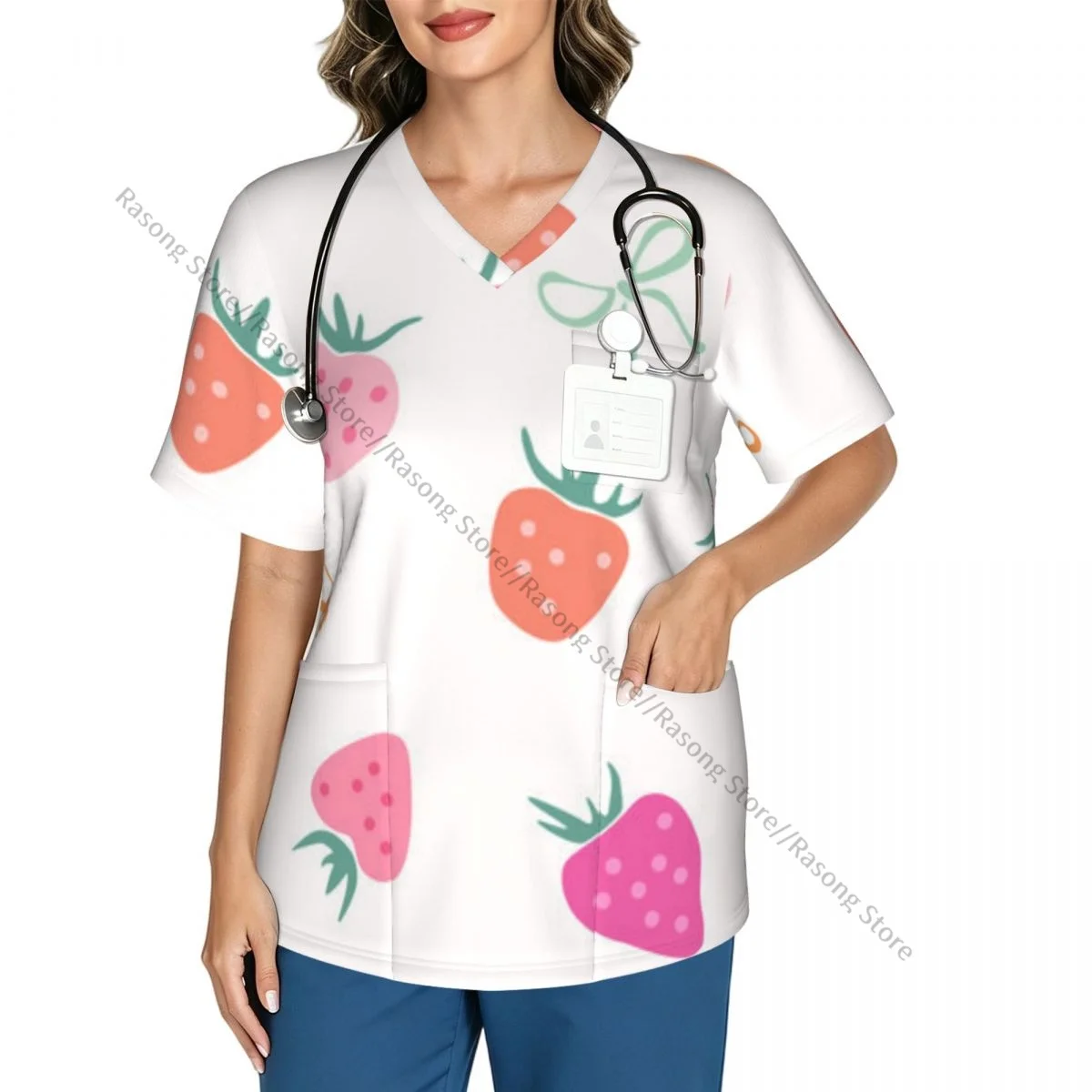 Strawberry And Bows Pattern Scrubs tops medical uniforms women V Neck Stretch Scrub Shirt Dentist doctor Blouse