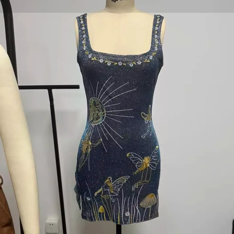 Mini vestido de cinta de espaguete sem costas feminino, vestido sem mangas feminino, vestidos de fenda apertada, clubwear sexy elegante, estampa da moda, banquete