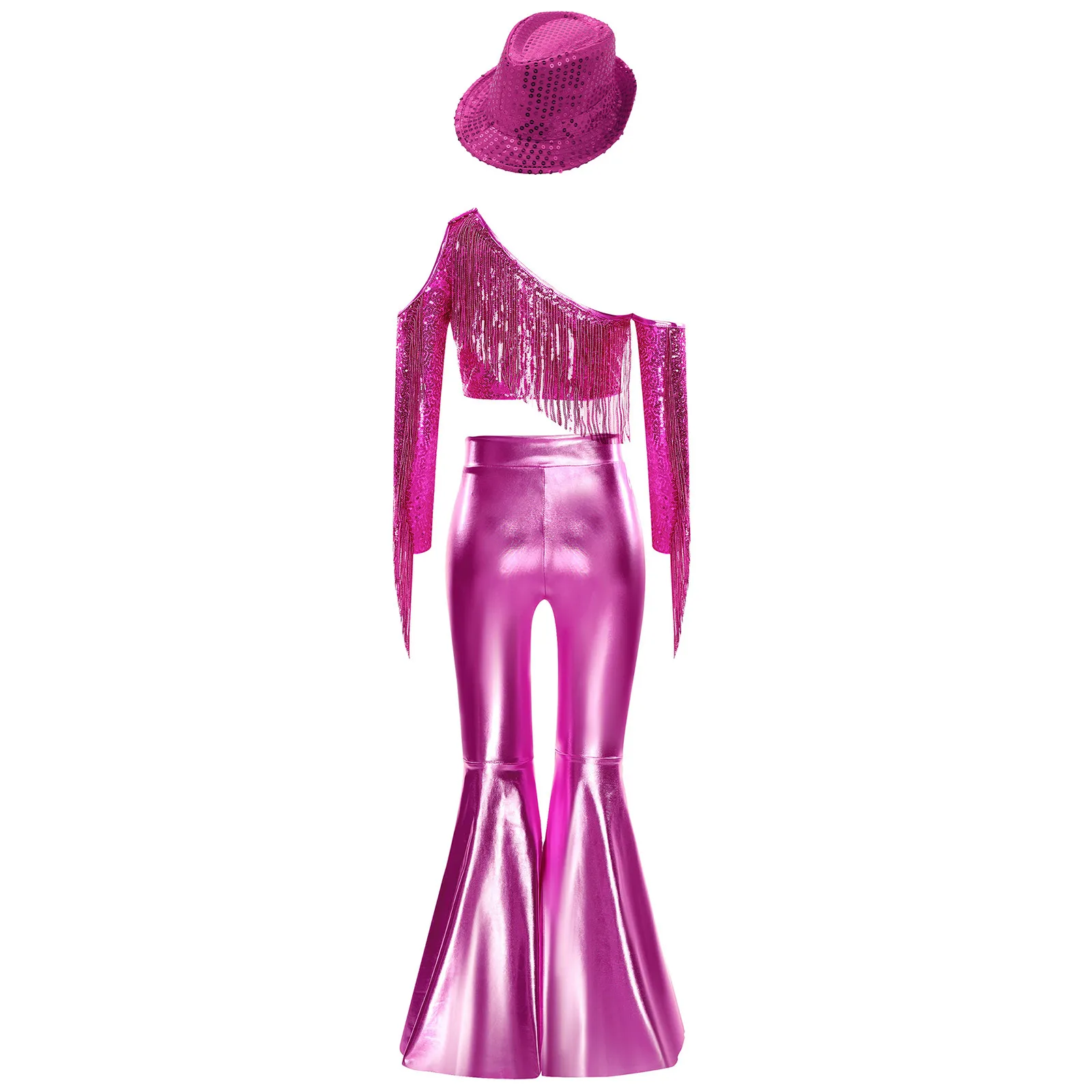 キッズガールズディスコジャズダンスコスチュームワンショルダースパンコールトップ+スプリットベルボトムパンツ+帽子ページェントセットベリーダンスパフォーマンス用