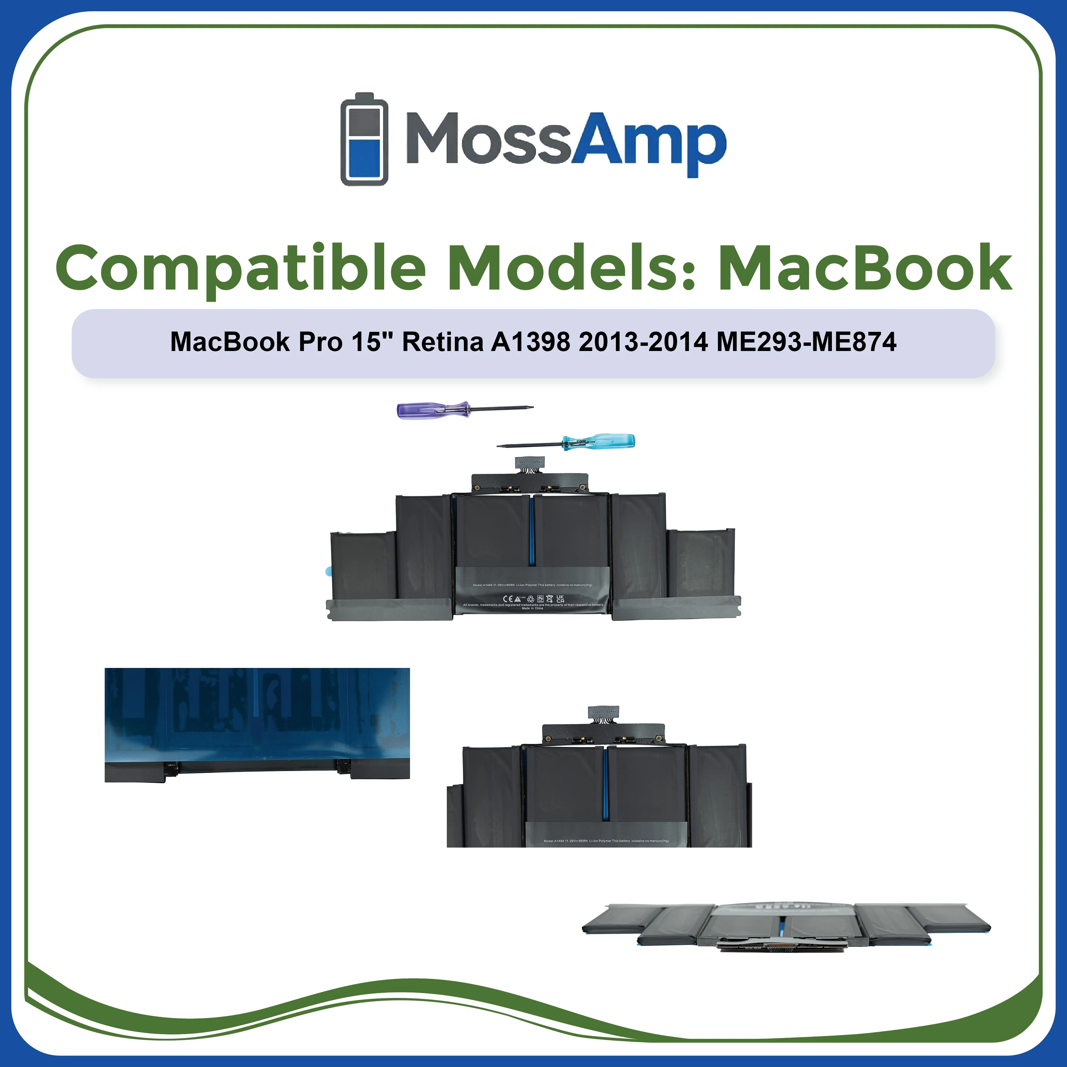MossAmp A1494 Laptop Battery for MacBook Pro 15 Retina A1398 ME293LL/A ME294LL/A MGXC2LL/A MGXG2LL/A EMC 2674 2745 2876 661-0012