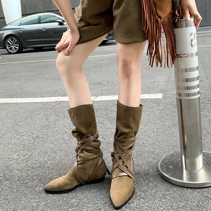 Spring Autumn Women Suede Long Boots Fashion Cross Strap Western Knight Booties Pointed Toe Female Shoes