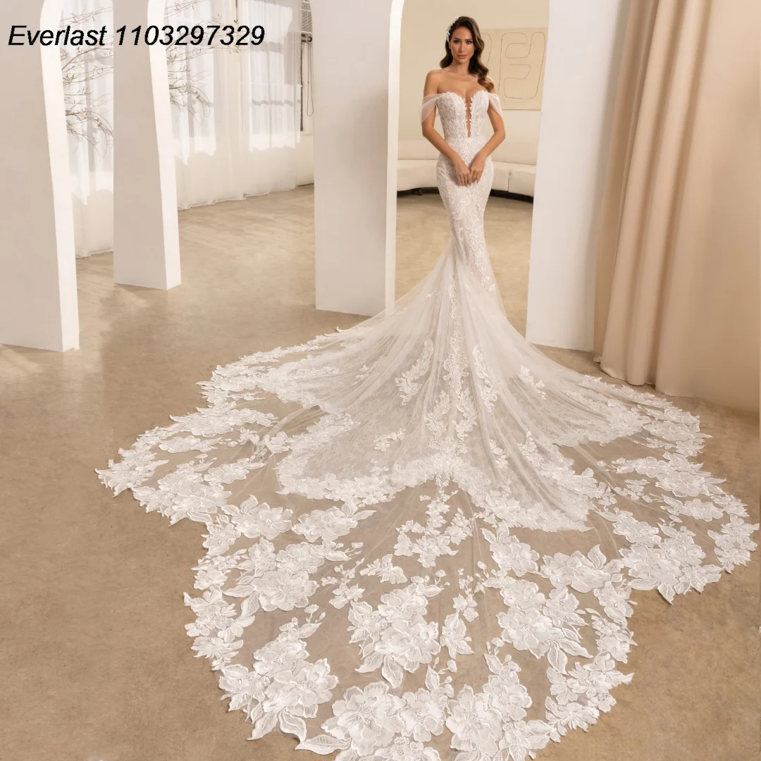 

EVLAST Customized Mermaid Lace Wedding Dress 2025 Strapless 3D Floral Appliue Vestido De Novia Bridal Gown Robe De Mariee TMD13