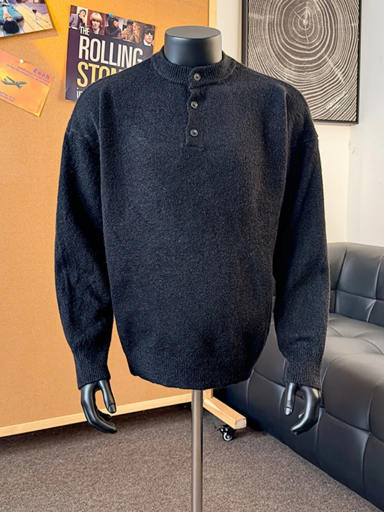 

Мужской трикотажный джемпер-хенли с длинным рукавом, свободного кроя, повседневный, для ношения под одеждой, осенне-зимняя новинка, в американском стиле, для отдыха.