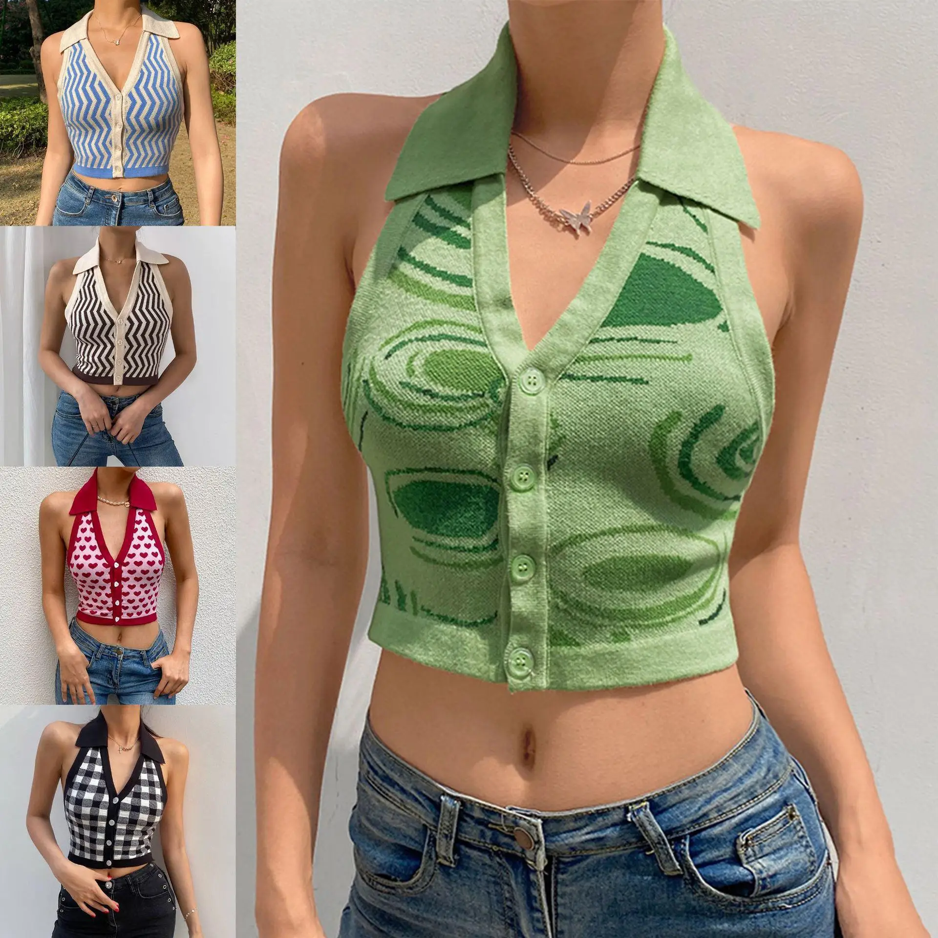 2026 Spring And Summer New European And American, Irregular Pattern Neck Sexy Top Backless Cardigan Sweater Vest