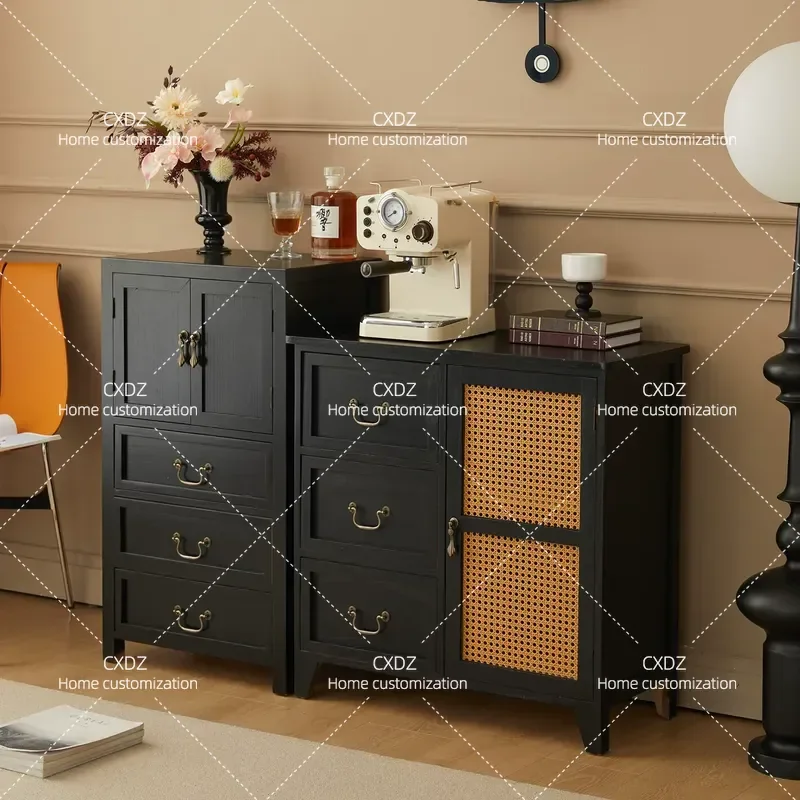 Black Solid Wood Side Cabinet with Rattan Storage Antique Style Dining Corner Cupboard Small Living Room Display Chest