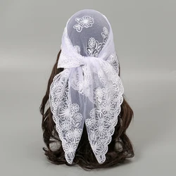 80*80 cm Lace Square Scarf Bandanas Style Rock Embroidery Floral Headband Net Breathable Hijab Headscarf Wraps Muslim Woman Veil