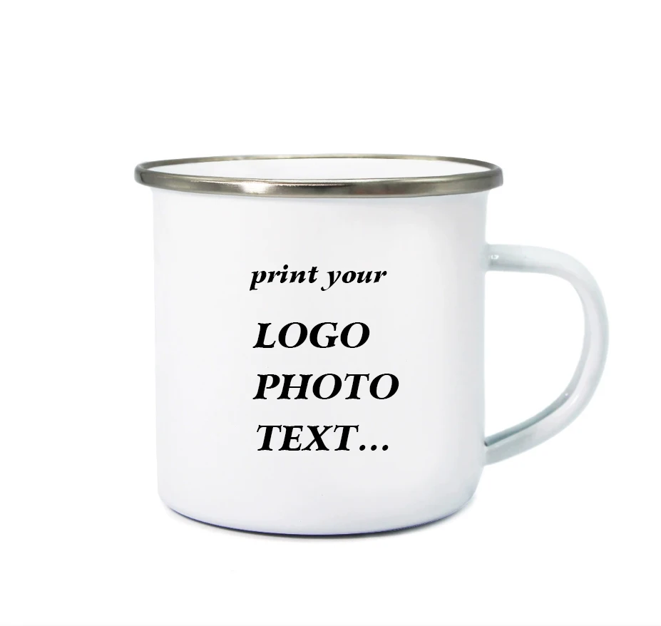 Personalized photo enamel coffee mug, customizable with name and logo, suitable for home use and outdoor camping.