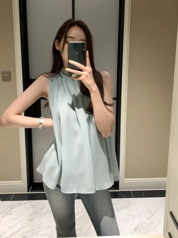 2026 New Elegant Sleeveless Women's Vest Summer Korean Style Loose Belted Neck Hanging Pleated Fashion Commute Thickened Poly