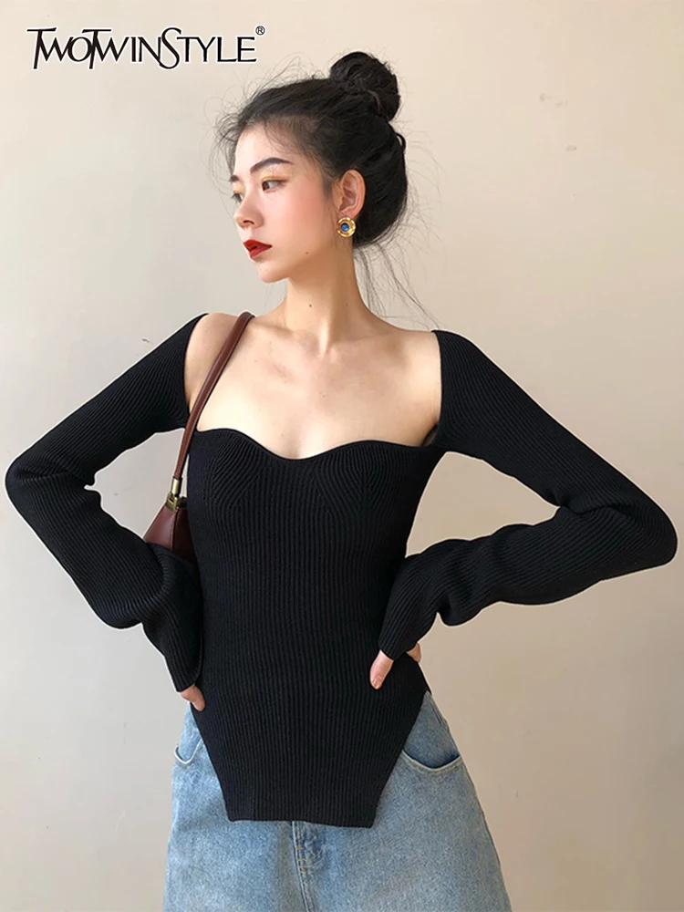 TWOTWINSTYLE Plain Knitting Sweaters For Women Slim Square Collar Long Sleeve Casual Pullovers Female 2022 Spring Clothing New