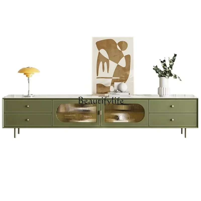 

Italian light luxury rock slab saddle leather TV cabinet coffee table modern simple French floor cabinetLX