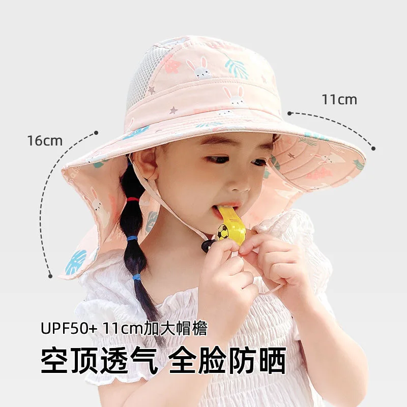 Anti UV Kids Summer Baby Sun Hat Bucket Cap With Whistle For Girls Boys Outdoor Neck Ear Cover Beach Cap