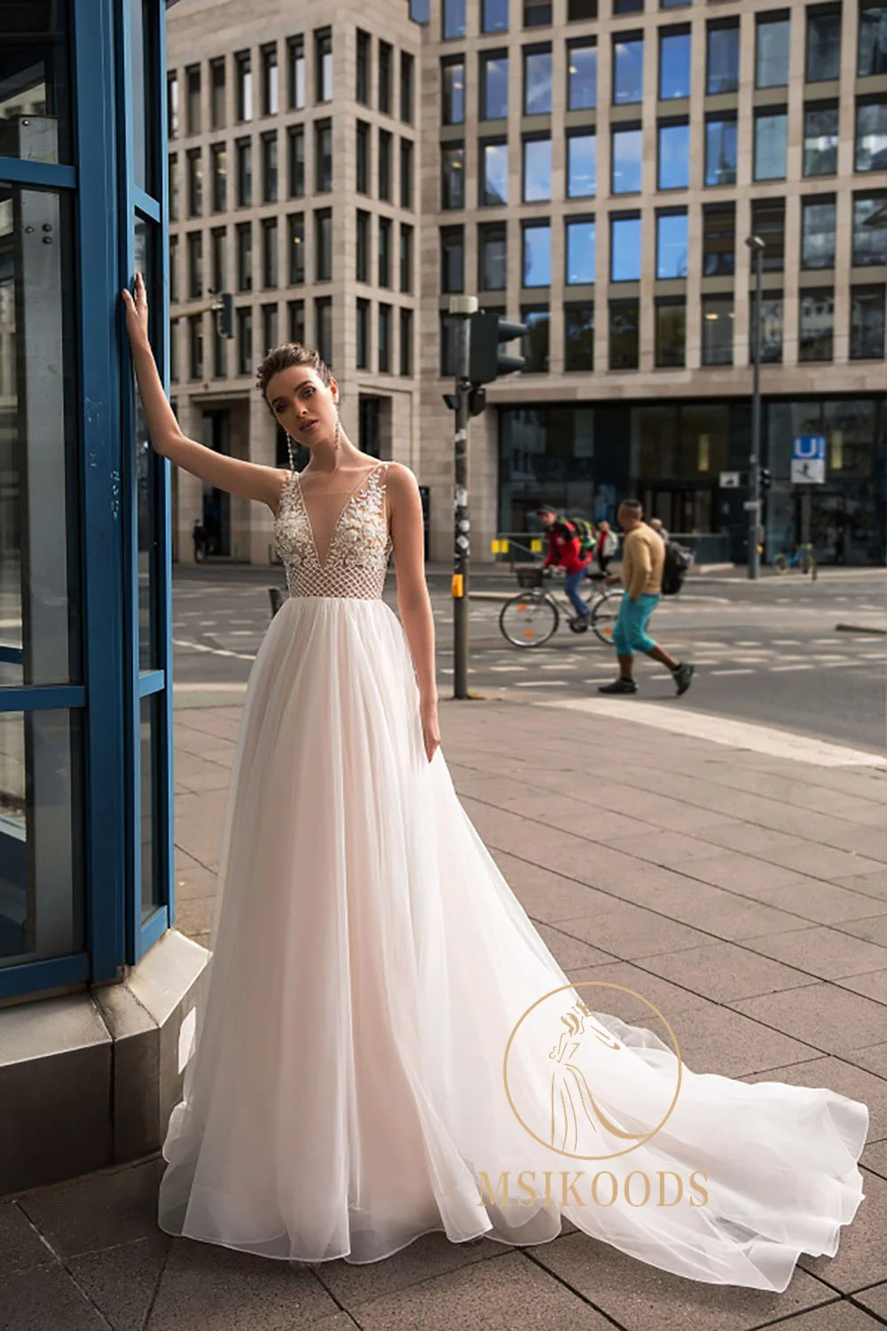 Msikoods Boho A-Linie Brautkleider 2025, mit Perlen verziert, tiefer V-Ausschnitt, Spitze, Applikationen, Brautkleid, luxuriöses Tüll-Brautkleid, individuell gestaltet