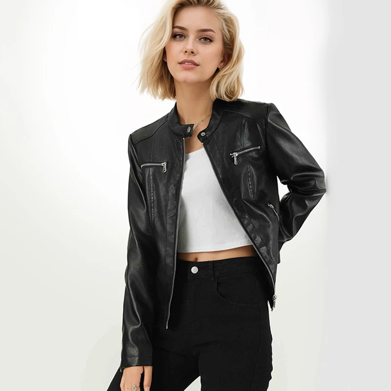 

Spring Autumn Faux Pu Leather Jacket Women Round Neck American Motorcycle Jackets Woman 2025 Zippers Long Sleeve Coat Outwear