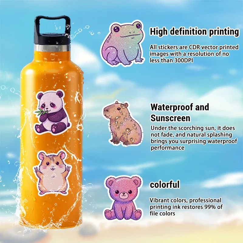 50PCS Glittery Cute Animal Stickers Cartoon Rainbow Starry Sky Kawaii Waterproof Vinyl Decals for Laptop Water Bottle