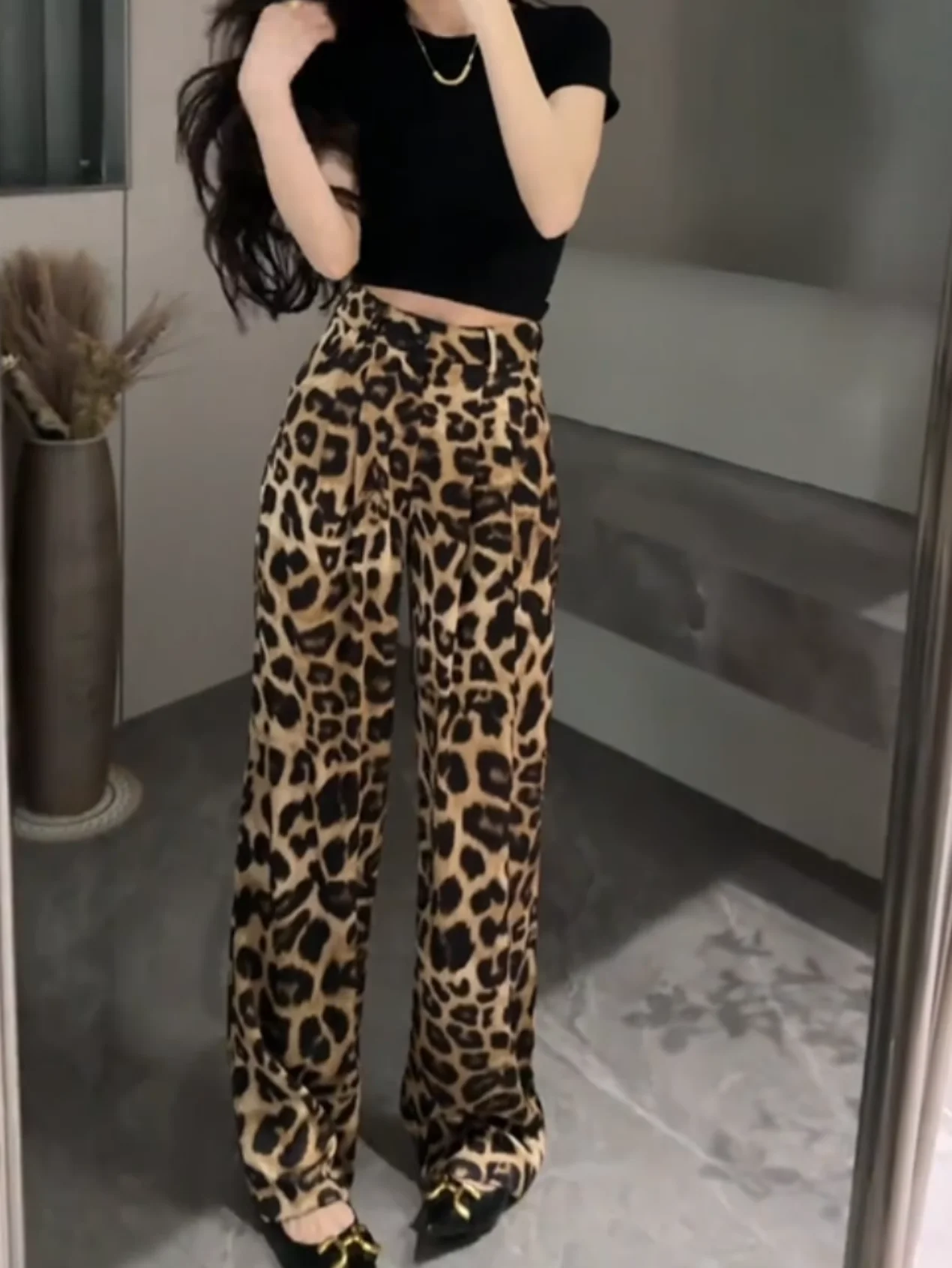 High Waist Drapey Wide Leg Pants Women's Summer Casual Floor Length Straight Cut Zebra Print Satin Loose Fit Trousers