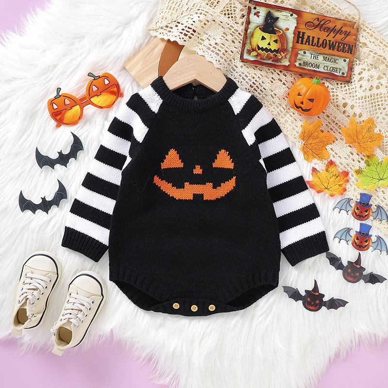 

0-18m Infant Long Sleeve Halloween Bodysuits Winter Orange Pumpkin Knitting Newborn Boy Girl Onesie Toddler Kids Netural Clothes