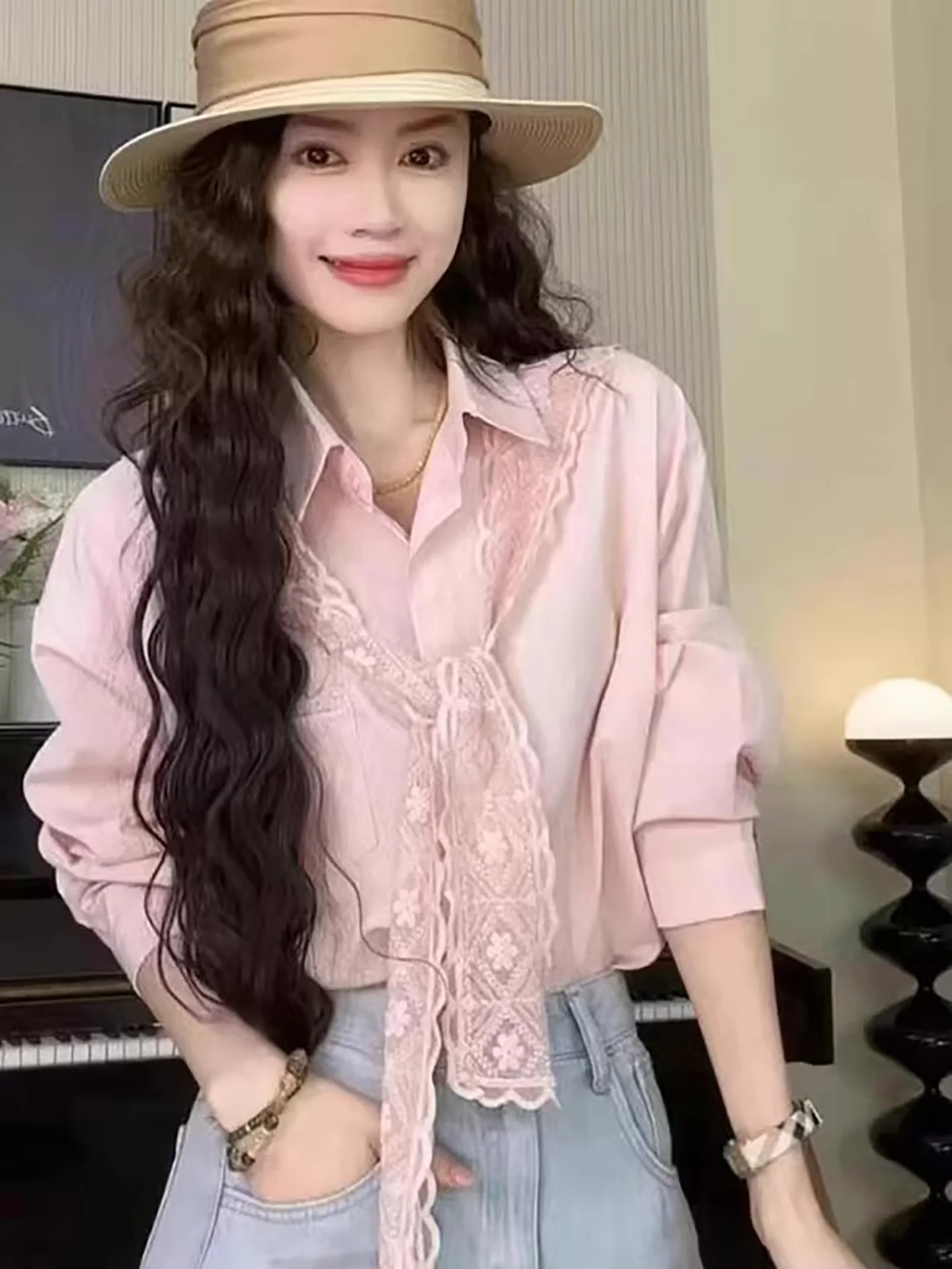 

Loose Women's Long Sve irt Pink Stripes Thin Sle Commute Wear Single Button Sun Protection Outerwear Casual irt