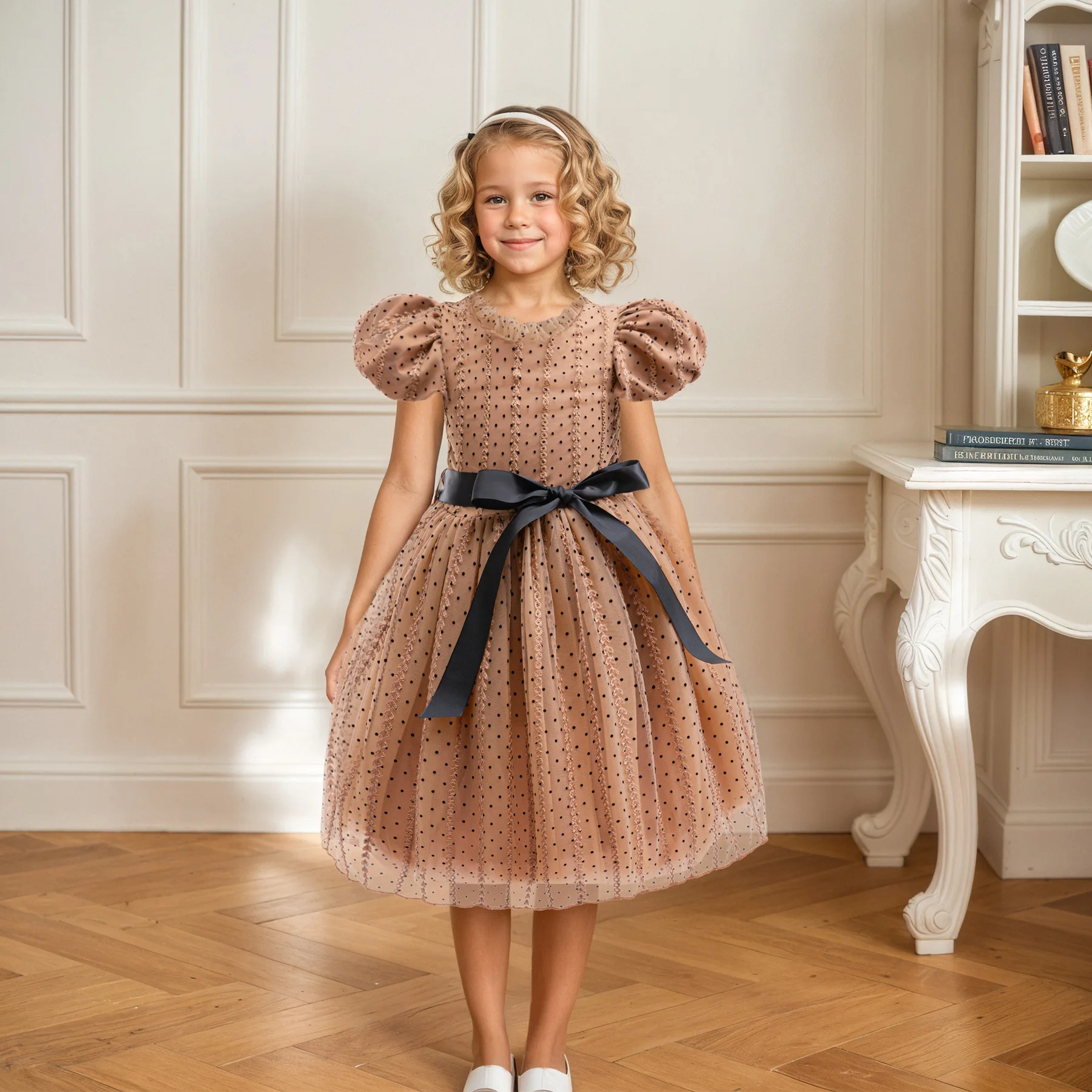 HETISO Retro Dots Baby Girls Casual Dress Brown Party Princess Ball Gown Fashion Holiday Birthday Dresses for Costumes