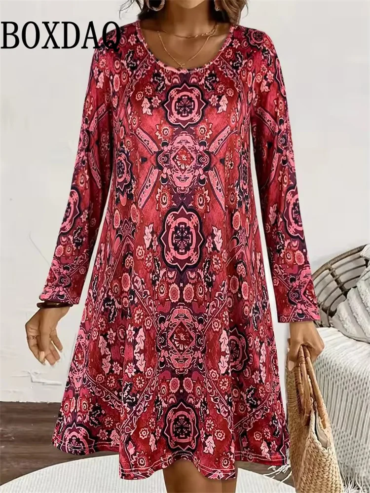 

Осеннее платье для женщин, новинка 2025 года, винтажное платье в стиле бохо в этническом стиле с цветочным принтом, женская одежда, элегантные вечерние платья с длинными рукавами