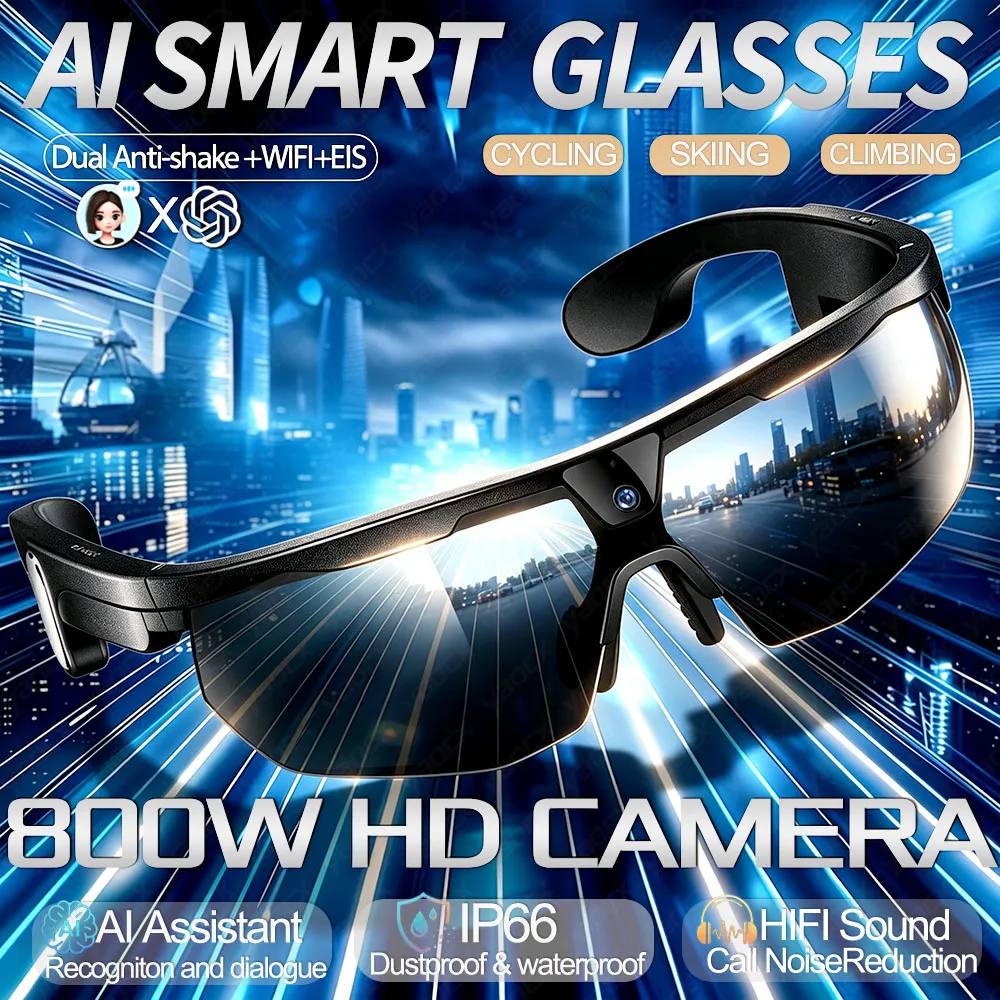 2026New AI Smart Glasses 1200P Camera 4K Anti-Shake Cycling Waterproof Goggles AI Voice Translator Call Open Ear Smart Sunglasse