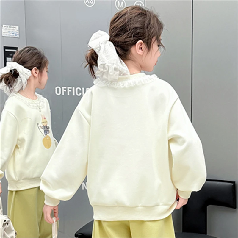 Spring Autumn Girl Cartoon Rabbit Print Sweatshirt School Kids Pullover Hoodie Coat Children Casual Jumper Cotton Outfit Tops
