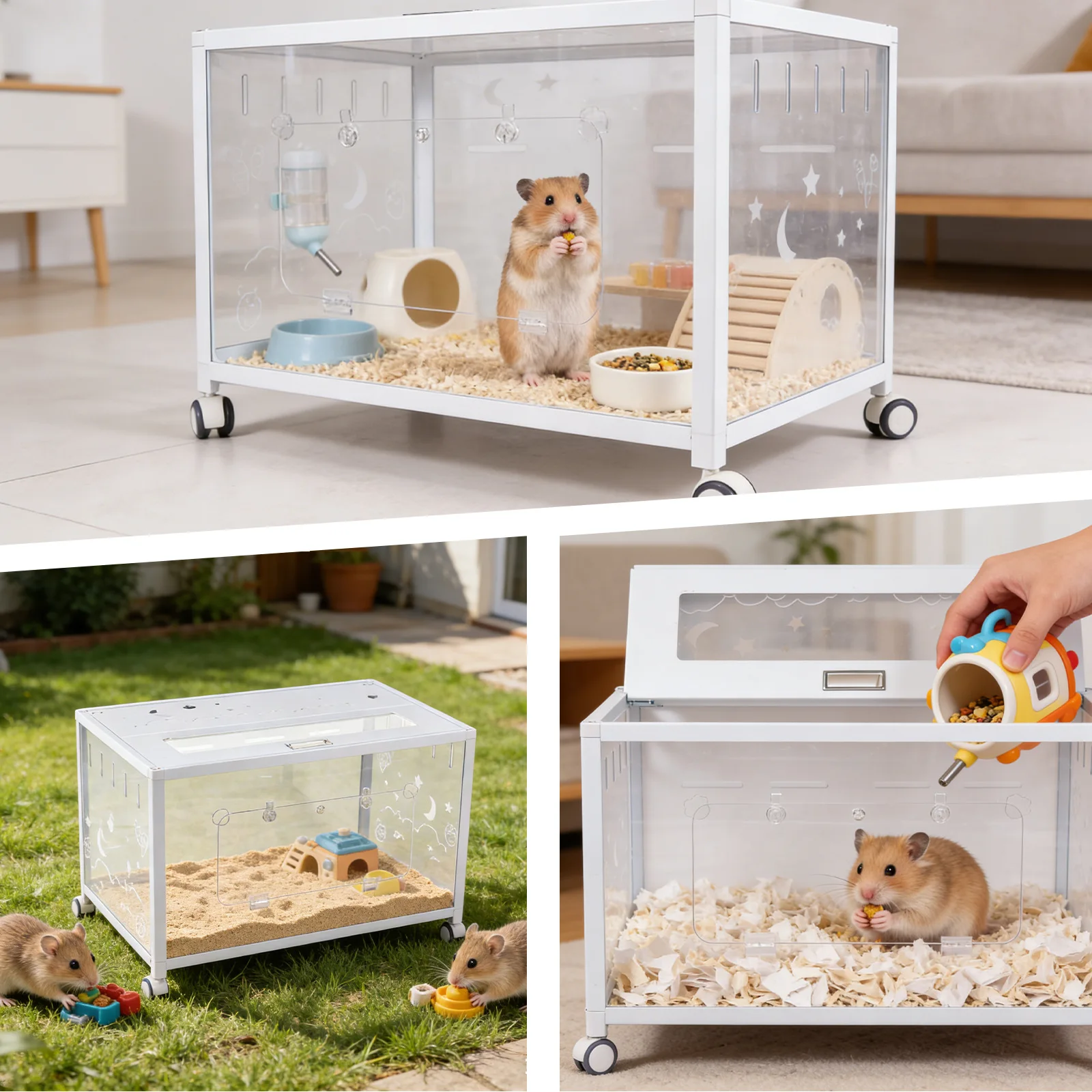 Wheeled acrylic hamster cage, extra-large space, golden silk bear, transparent full landscape