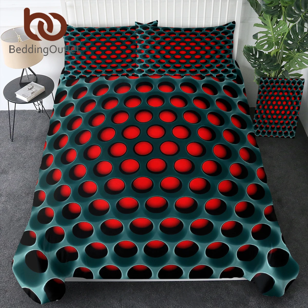 

BeddingOutlet Psychedelic Geometry Duvet Cover Honeycomb Coal Round Hole Red Light Polyester Comforter Cover Set With Pilowcases