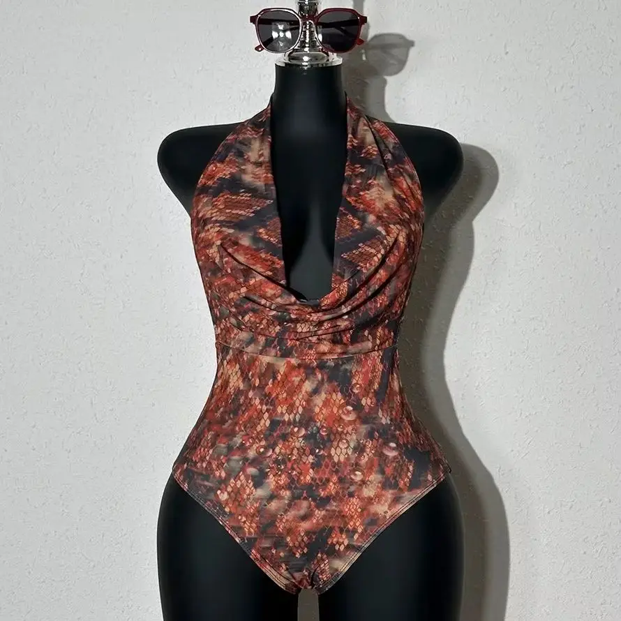 DEKA Women's New Sexy Red Snake Deep V One-piece Swimsuit With Chest Pad Print Adjustable Suspenders Backless Swimsuit
