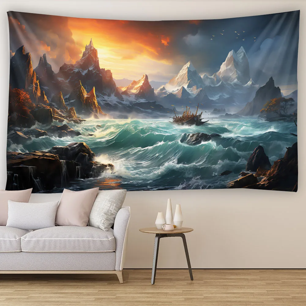 Green Seawater Retro Pirate Ship Tapestry 3D Printed Wall Hanging Warship Living Room Bedroom Sofa Decorative Background
