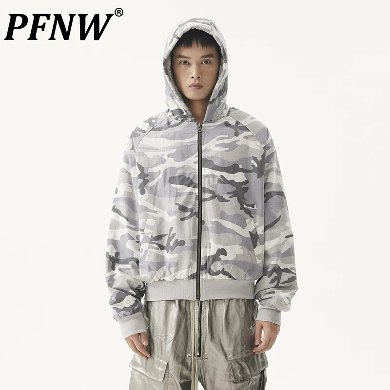 PFNW Amerikaanse Vintage Camouflage Rits Winterjas Voor Mannen Verdikte Voering Capuchon Oversized Losse Katoenen Gewatteerde Jas 28W5470