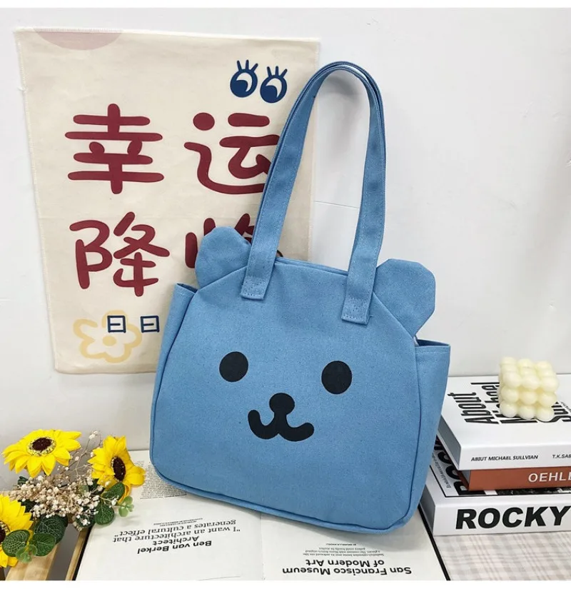 Cute Teddy Bear Printed Single Shoulder Canvas Bags, College Style Large Capacity Cartoon Tote Bag, Suitable for Commuting