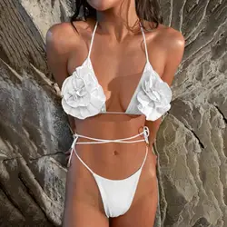 Traje de baño de flores en 3d, conjunto de Bikini de decoración de rosas en 3d con cuello Halter, secado rápido, acolchado, inalámbrico, ropa de playa para verano