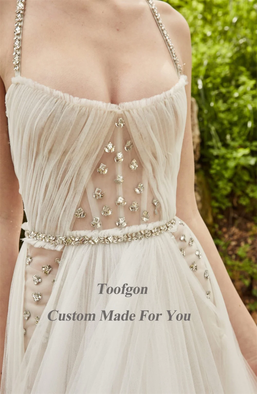 Toofgon-Robe de mariée de plage en perles de cristal, tenue plissée à bretelles spaghetti, pour fête de mariage, quel que soit le modèle de princesse Boho, 2023