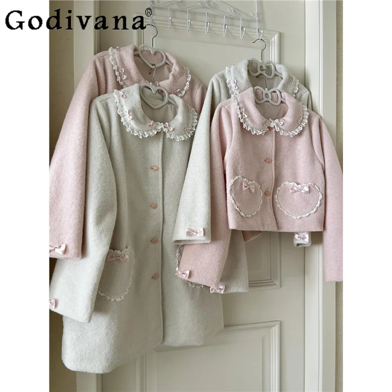 

Короткая шерстяная куртка в стиле японской милой Лолиты, осенне-зимняя новая однобортная короткая куртка для девочек с милым бантом и кукольным воротником