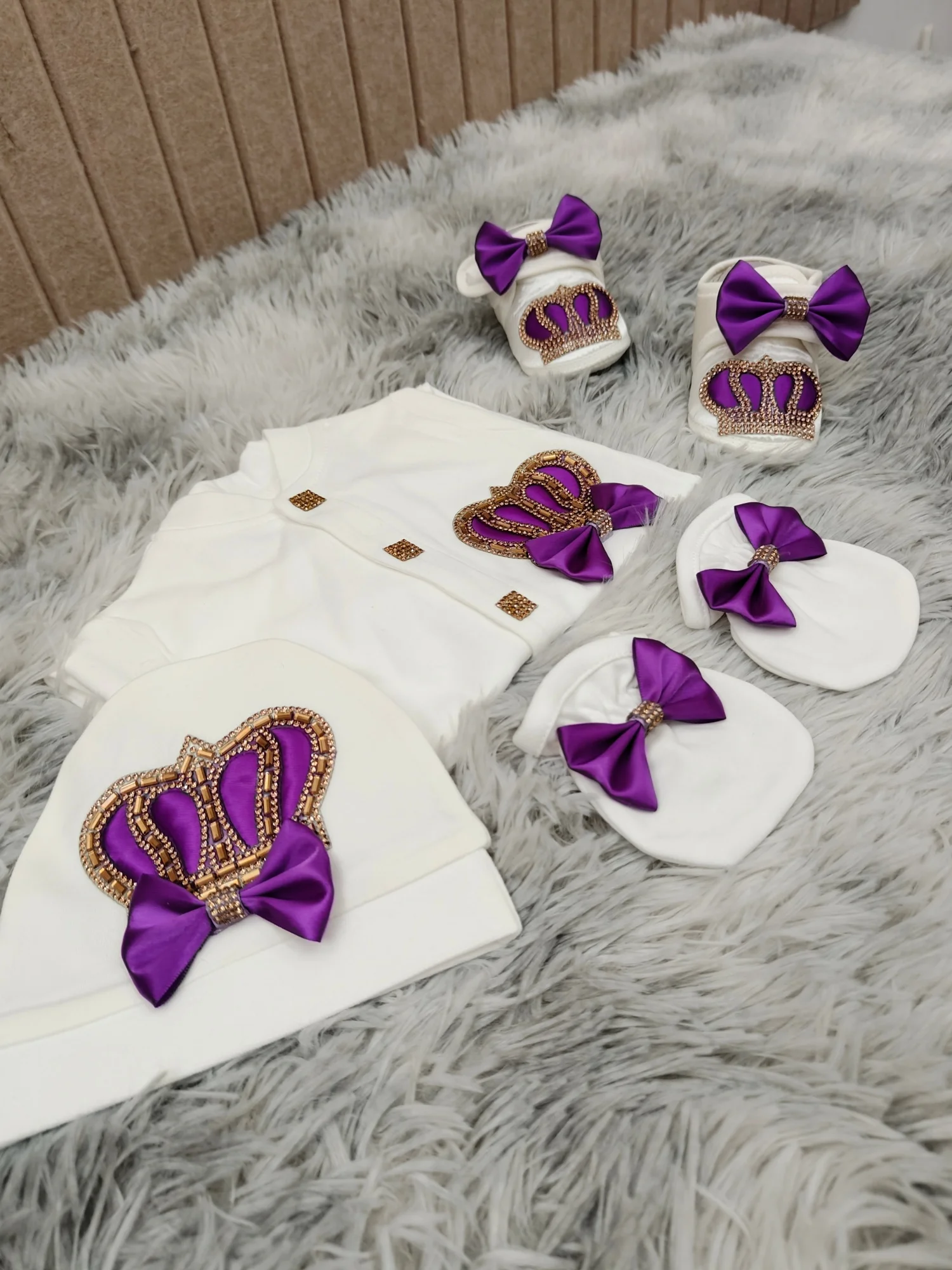 4Pcs Newborn Crown Embroidery Footed Romper Set White Purple Satin Bow Baby Coming Home Outfit Soft Cozy Excellent Quality