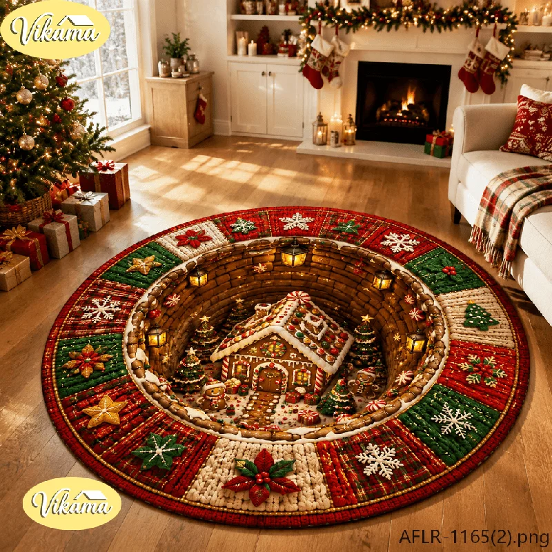VIKAMA 3D Gingerbread House Round Rug Flannel Non Slip Circular Carpet Cookie Cabin Tree Lantern Pattern Living Room Floor Mat