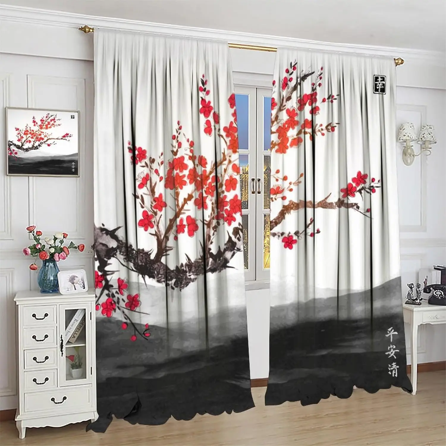 Japanese Asian Curtains Red Cherry Blossom Tree Traditional Ink Style Plant Mountain River Printed Curtain for Kitchen Bedroom