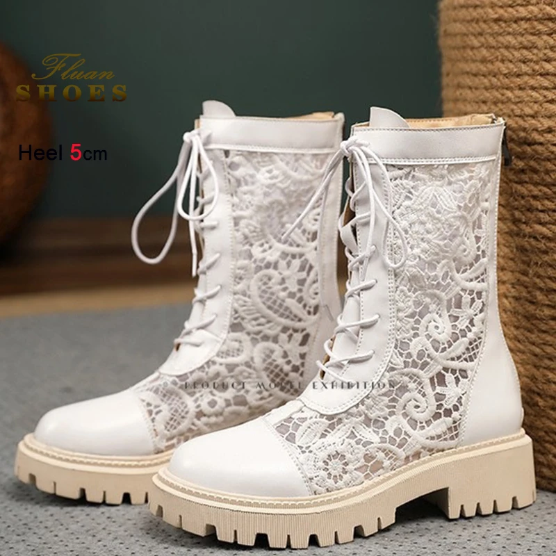 

Summer Beige Women's Cool Boots Thick Heels 5cm Mid-Calf Boots Lace Mesh Hollowed Lace Up Round Toe Ladies Sexy Short Boots CD