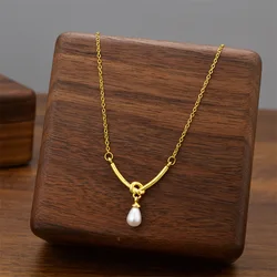316L Stainless Steel New Fashion Fine Jewelry Japanese Korean Knot Shaped Pearls Charm Chain Choker Necklaces Pendants For Women