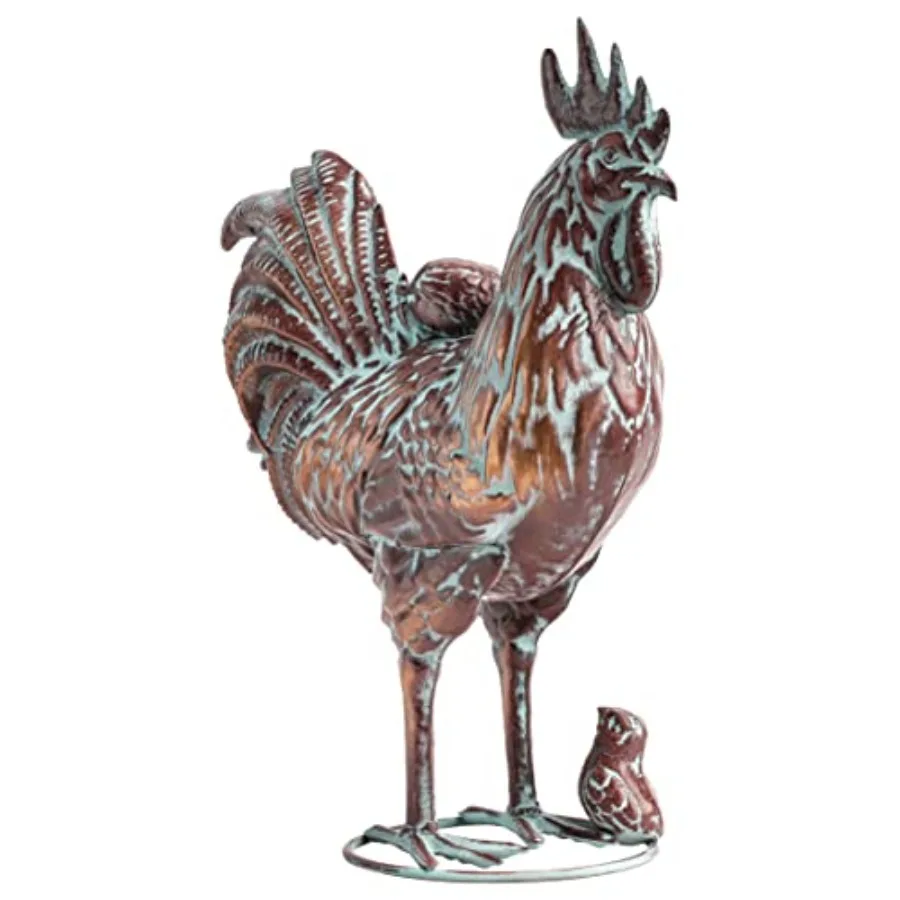 

Садовая статуя петуха для улицы, 15,7 длина x 18,8 высота, антикварная металлическая скульптура в виде курицы, коричневая, для дома, двора, патио, газона