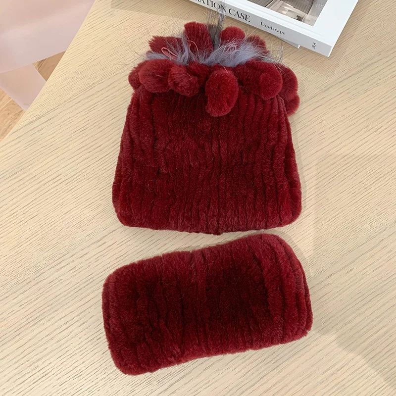 New women's Fur Hat Scarf Two-piece Set Of High Quality Rex Rabbit Fur Woven Set Winter Outdoor Windproof Two-piece Set