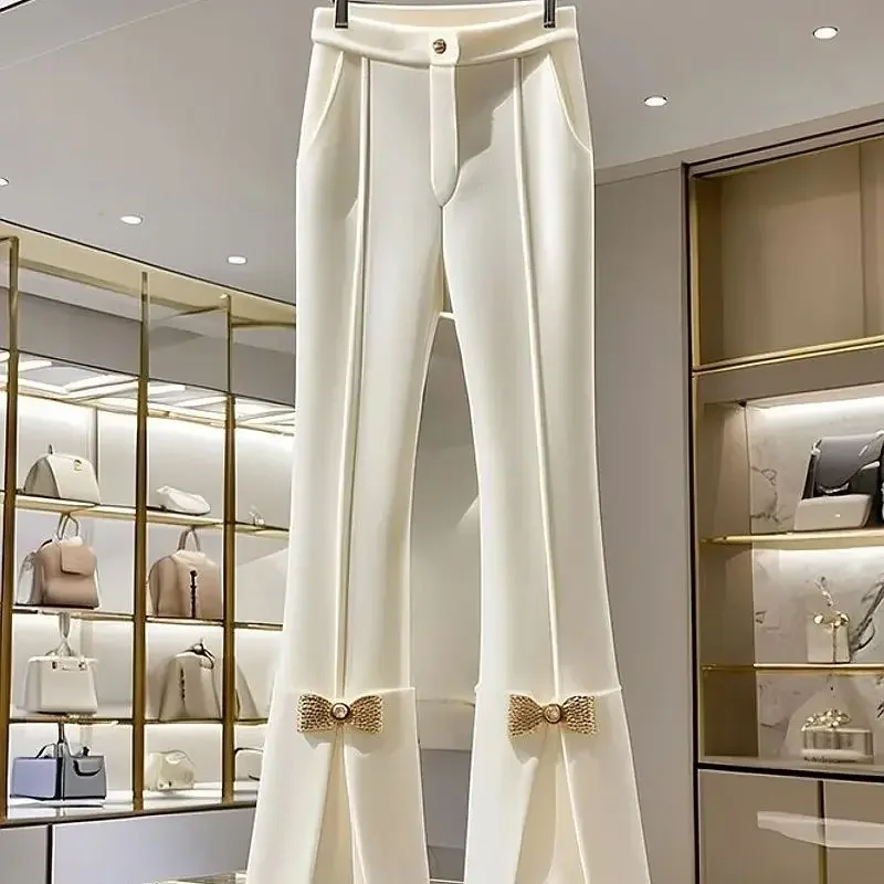 

Осень-зима, элитные универсальные белые узкие брюки, офисные женские брюки 648P, дизайнерские брюки с разрезом, женские модные расклешенные брюки