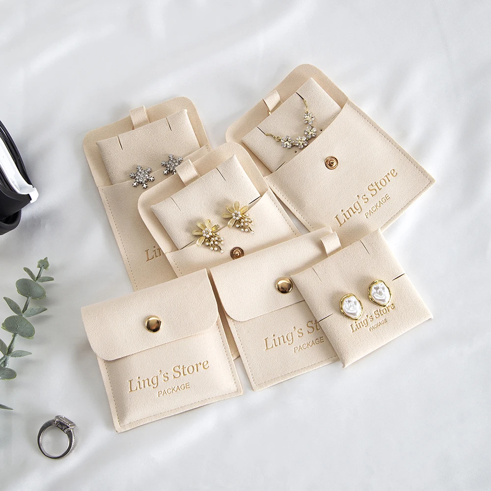 

20/50/100Sets Custom Logo 8x8cm Jewelry Microfiber Snap Bag Insert 6x6cm Paper Cards for Earring Stud Necklace Storage Organizer