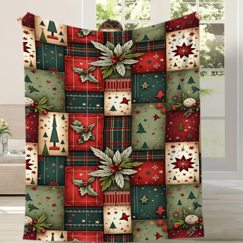 Christmas Patchwork Holly Berry Festive Flannel Blanket For Cozy Bedroom Decor Soft Warm Throw Blanket Wrap