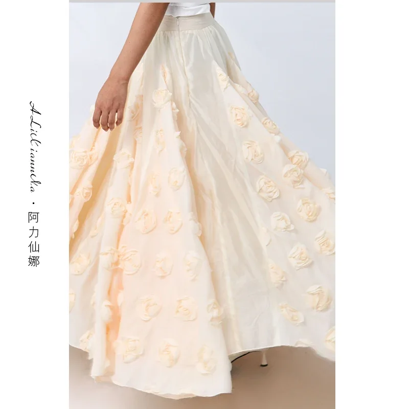 High Quality Women New Spring Summer Big Bottom Umbrella Skirt Original 3d Flowers High Waist Elegant Fairy Skirt Full Length